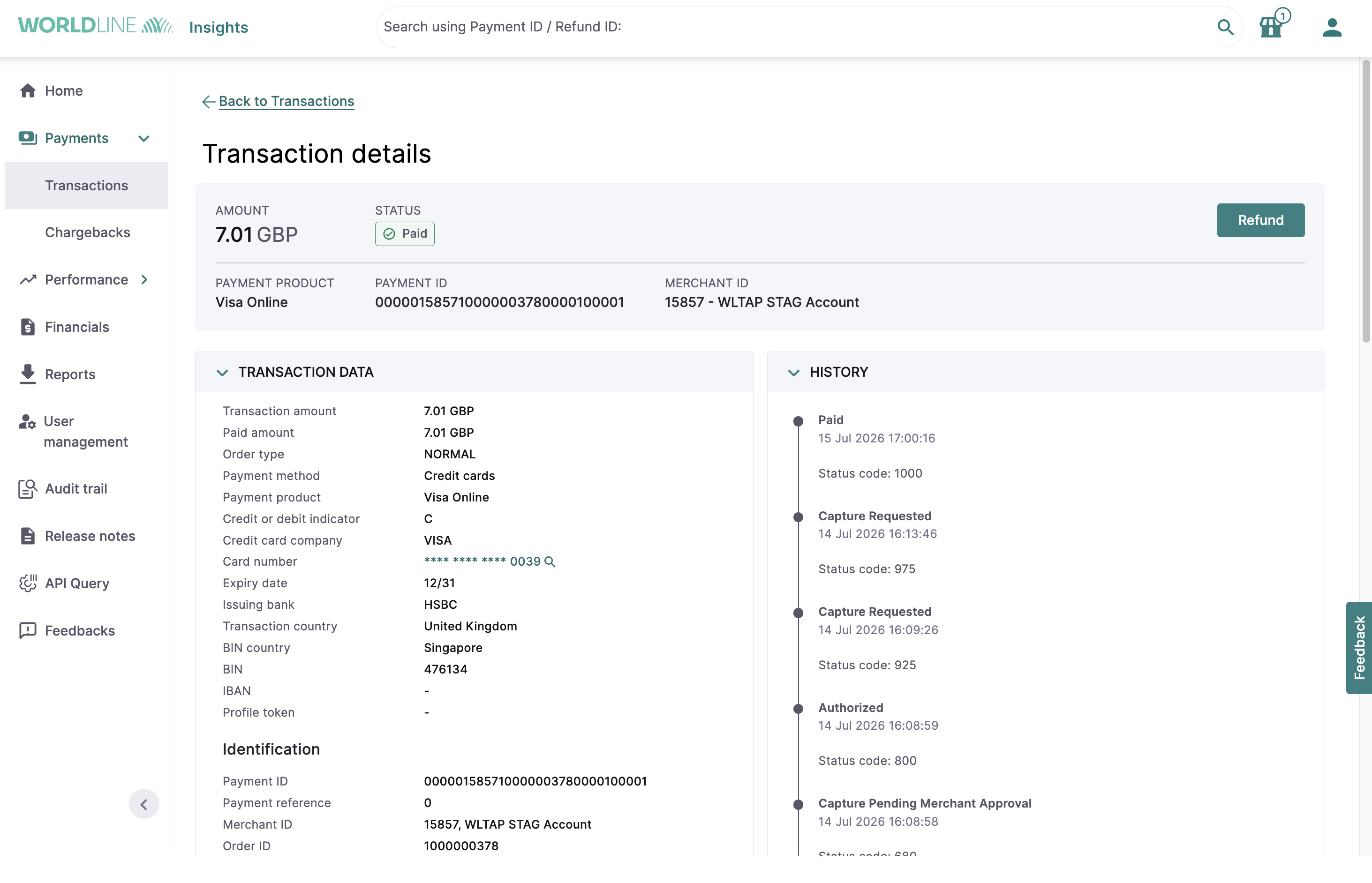 Insights platform transaction details page
